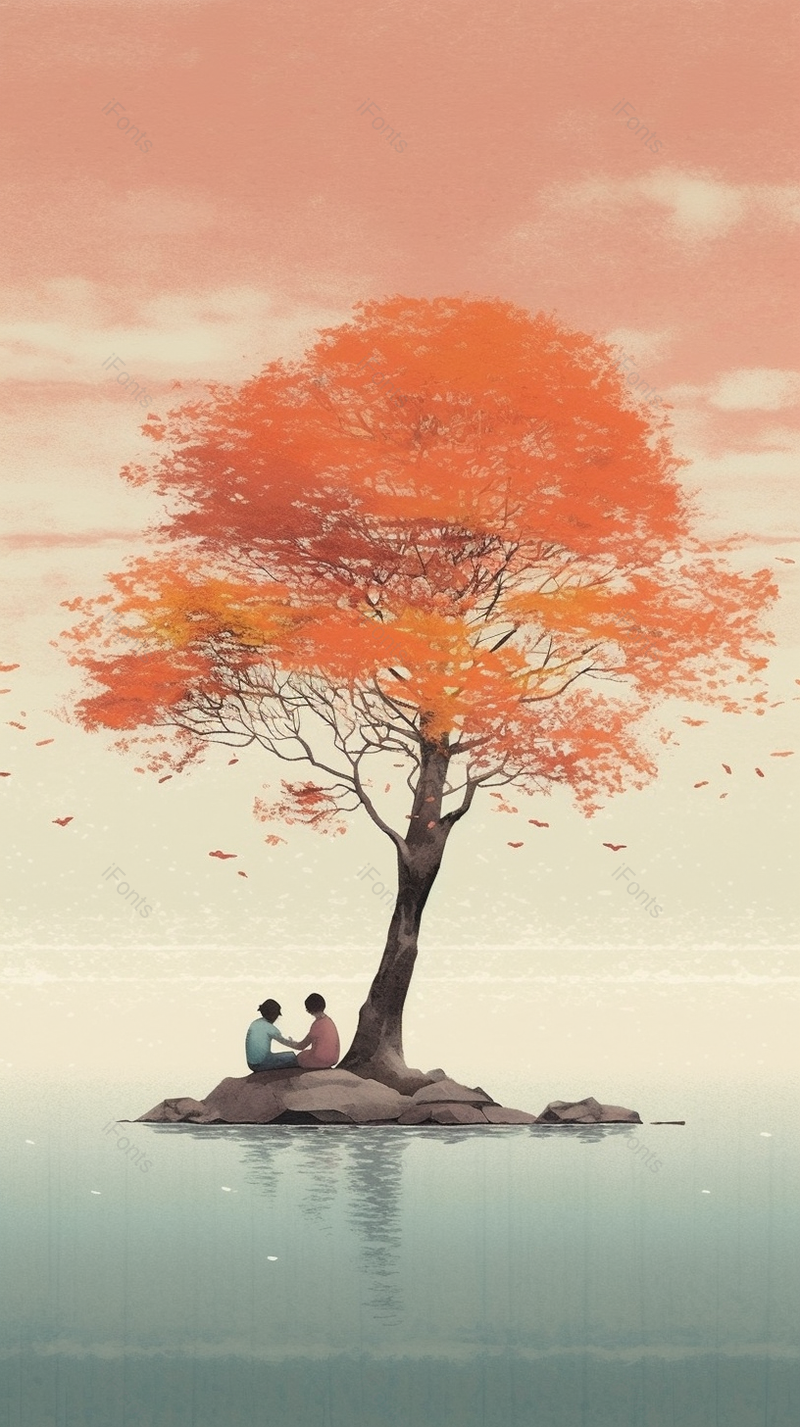 粉色夕阳孤岛树下相伴赏景插画背景,插画/手绘图,插画/手绘图库,插画/手绘图下载,插画/手绘